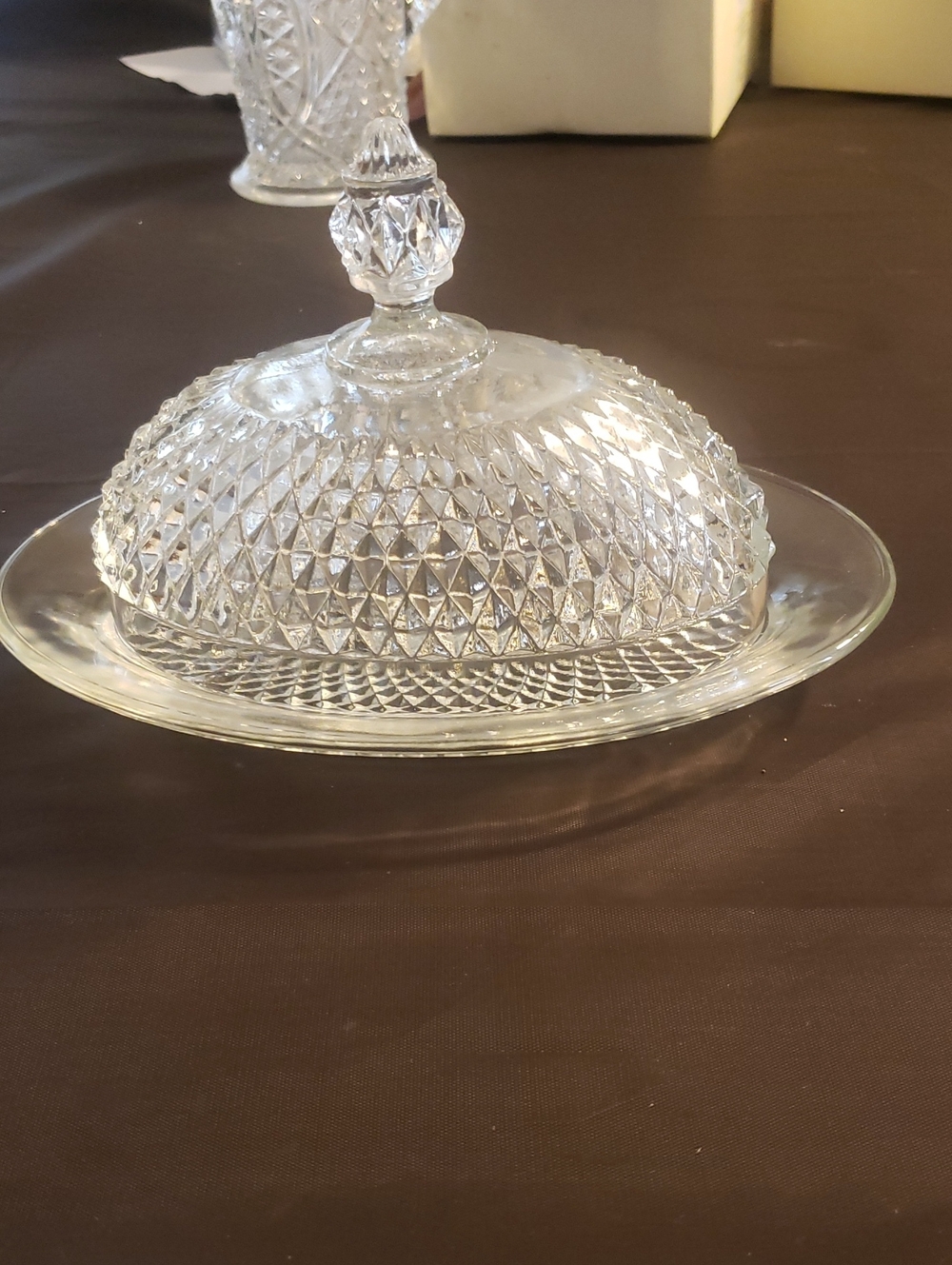 Clear Glass Covered Butter Dish - Elegant Diamond-Cut Design